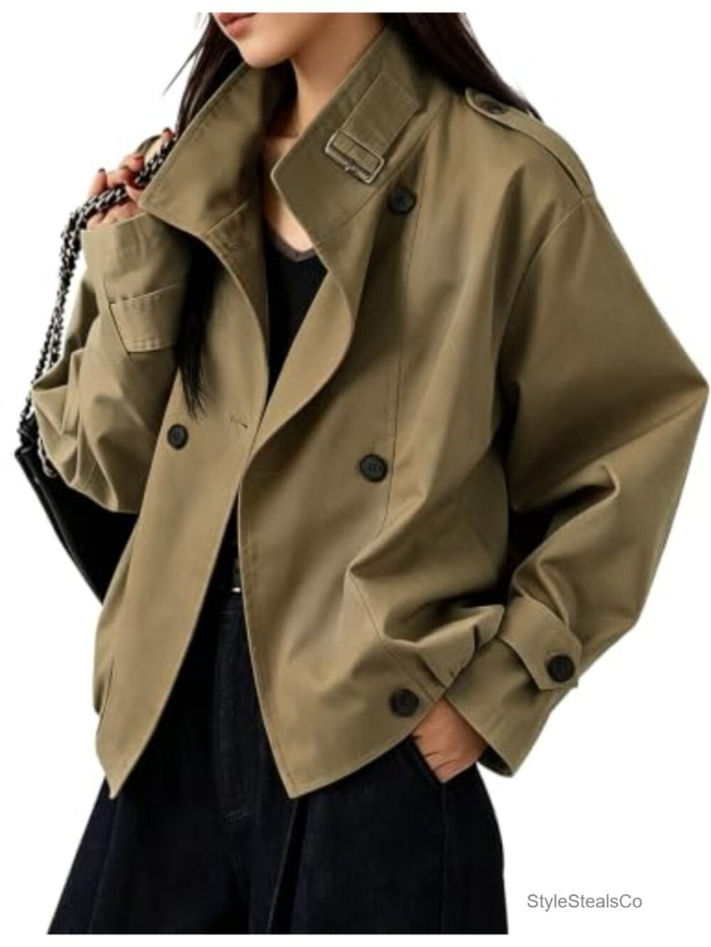 Womens Funnel Neck Cropped Trench Coat Cotton Blend Lightweight Casual Jacket